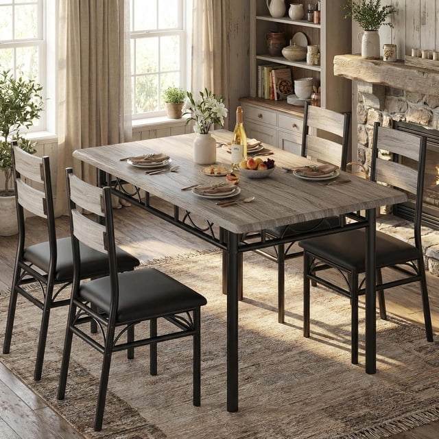 Space-Saving 5 Piece Industrial Dining Table Set – Rectangular Wooden Kitchen Table with 4 Upholstered High Back Chairs – Sturdy Metal Frame – Perfect for Small Spaces and Apartments
