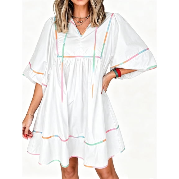 3/4 Sleeve Women High Waist Patchwork Loose Mini Babydoll Dress