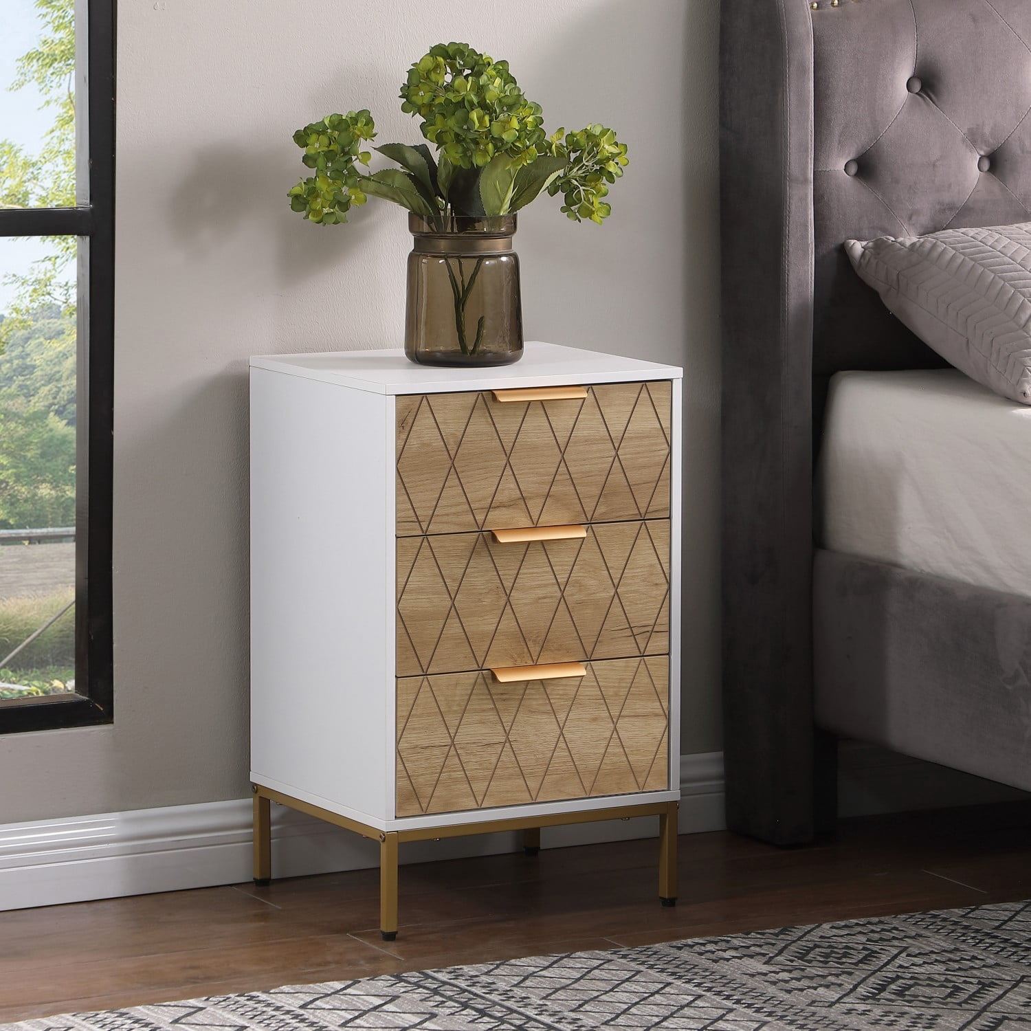 Nightstand with 3 Drawers, Mid Century Modern End Table with Gold Metal Legs & Handles, Wavy Drawer Panel Bedside Table Storage Cabinet for Bedroom Living Room, Natural+White