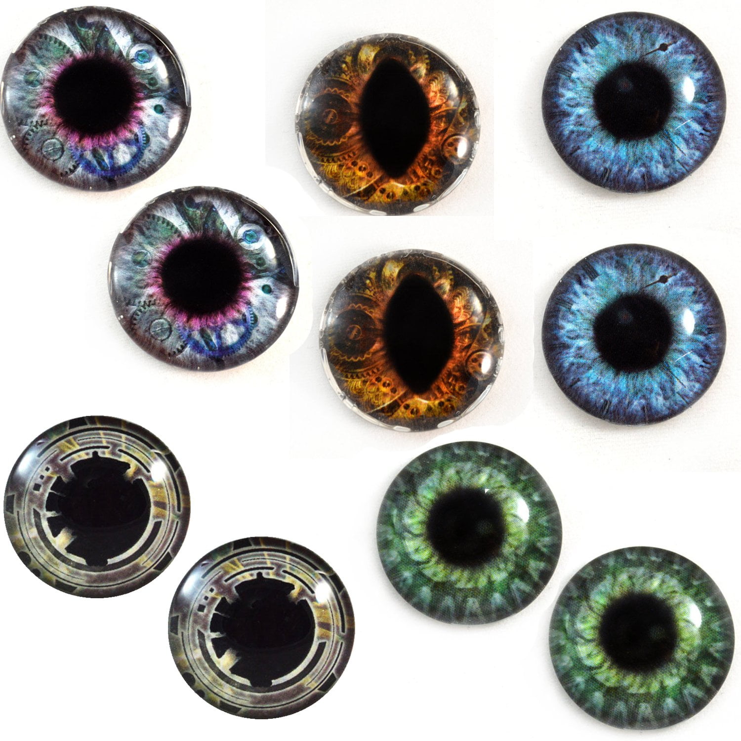 Pair of 20mm Pink and Blue Steampunk Glass Eyes Cabochons Set 