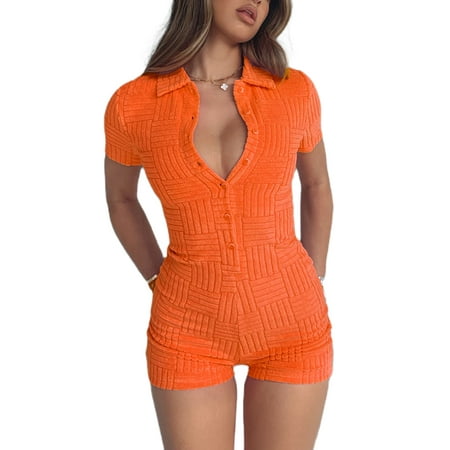 

Peyakidsaa Short Sleeve Jumpsuits for Women Stripe Textured One-piece Rompers