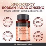 PureClinica High Potency Korean Panax Ginseng 10,000mg – 180 Tablets (6-Month Supply) – Standardized 20% Ginsenosides for Energy & Vitality Support