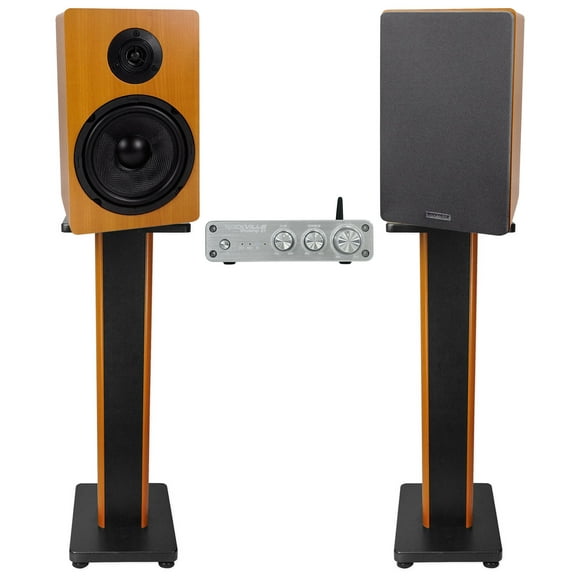 Rockville BLUAMP 21 Bluetooth Home Audio Receiver (2) 6.5" Wood Speakers Stands