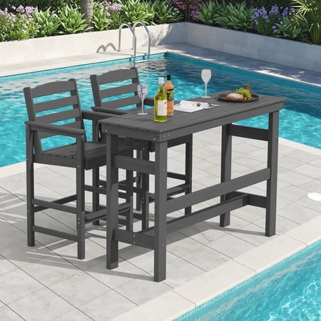 SERWALL All Weather HDPE Outdoor Patio Bar Set Adirondack Bar Chairs Set of 2 and Bar Height Table Grey