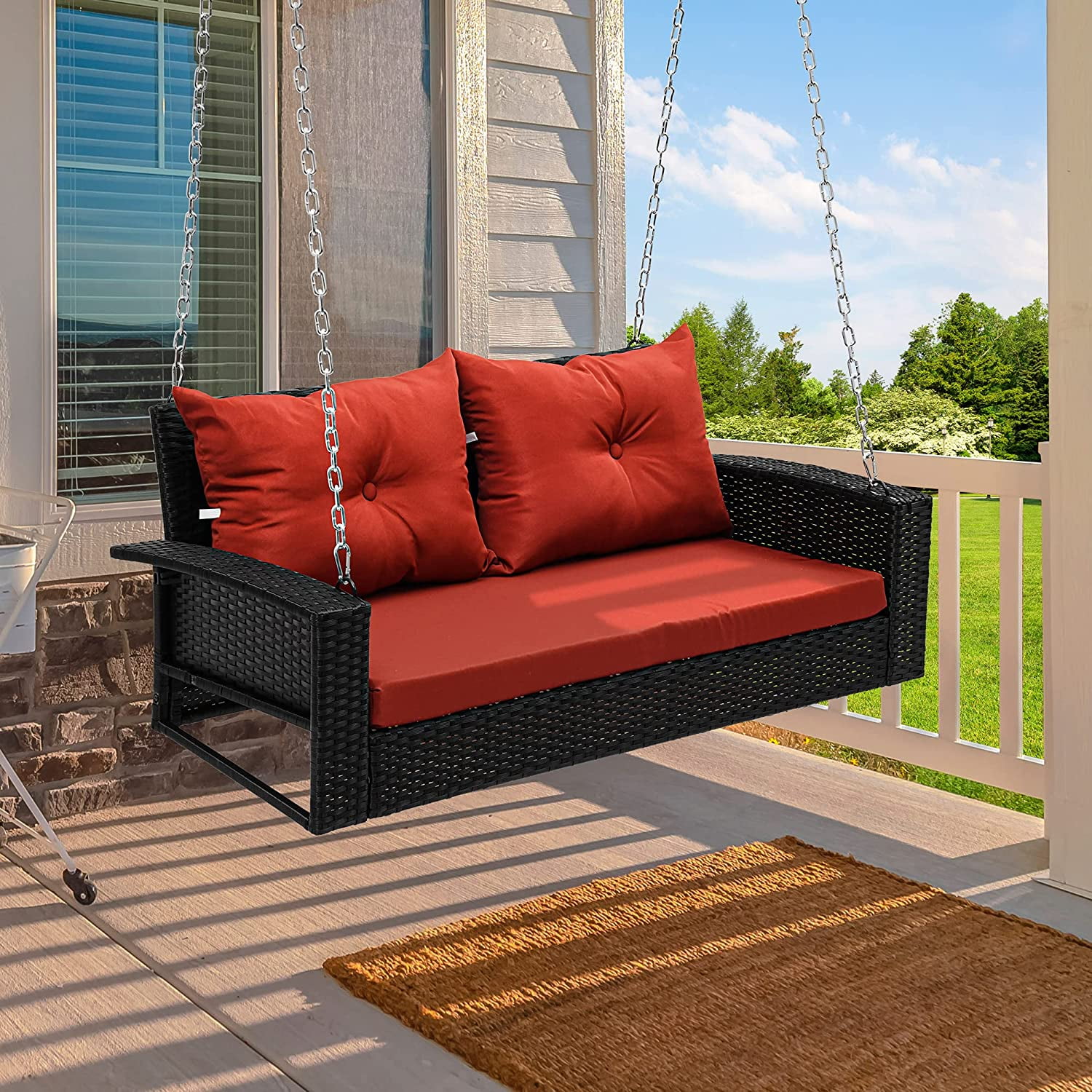 YITAHOME 2Seats Wicker Hanging Porch Swing Chair Outdoor Black Rattan