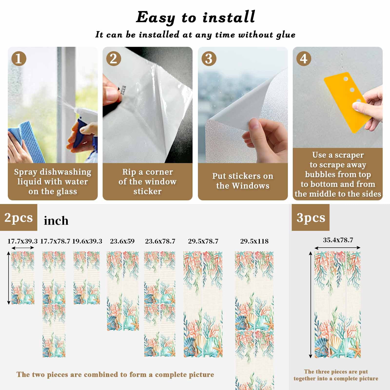 Summer Ocean Window Privacy Film, Watercolor Coastal Coral Shell Seaweed Beige Static Cling UV Sun Blocking Heat Control Window Tint Day and Night, Non-Adhesive One Way Privacy Cover 17.7''x39.3''