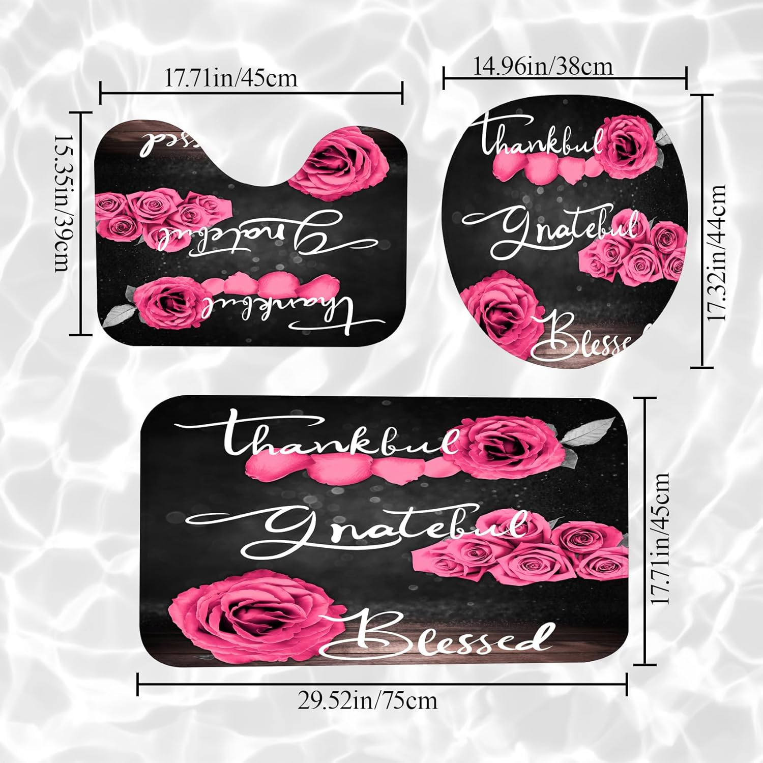 Pink Rose Shower Curtain Sets, Thankful Grateful Blessed Bathroom Curtain with Non-Slip Rug, Toilet Lid Cover, Bath Mat and 12 Hooks, Romantic Showy Floral Wedding Decor for Bath