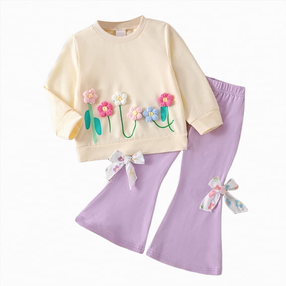 Xyant Baby Girl Outfits Toddler Fall Winter Clothes Cute Long Sleeve 3D Flower Sweatshirt Tops Bow Flare Pants Set Infant 2Pcs Spring Clothing (Light Yellow,18-24 Months)