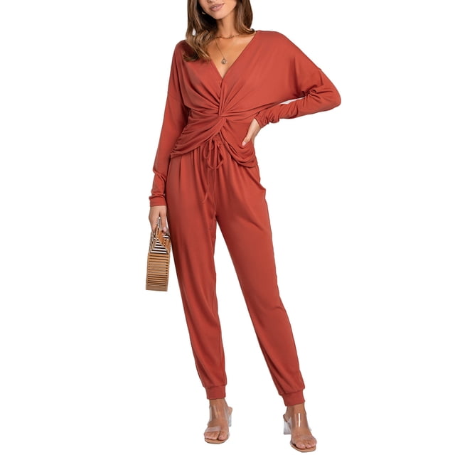 Conjunto de 2 piezas para mujer, conjunto de pantalones con cuello en V y parte delantera torcida, Top de manga larga con cordón, traje de pantalones largos, rojo pardusco L