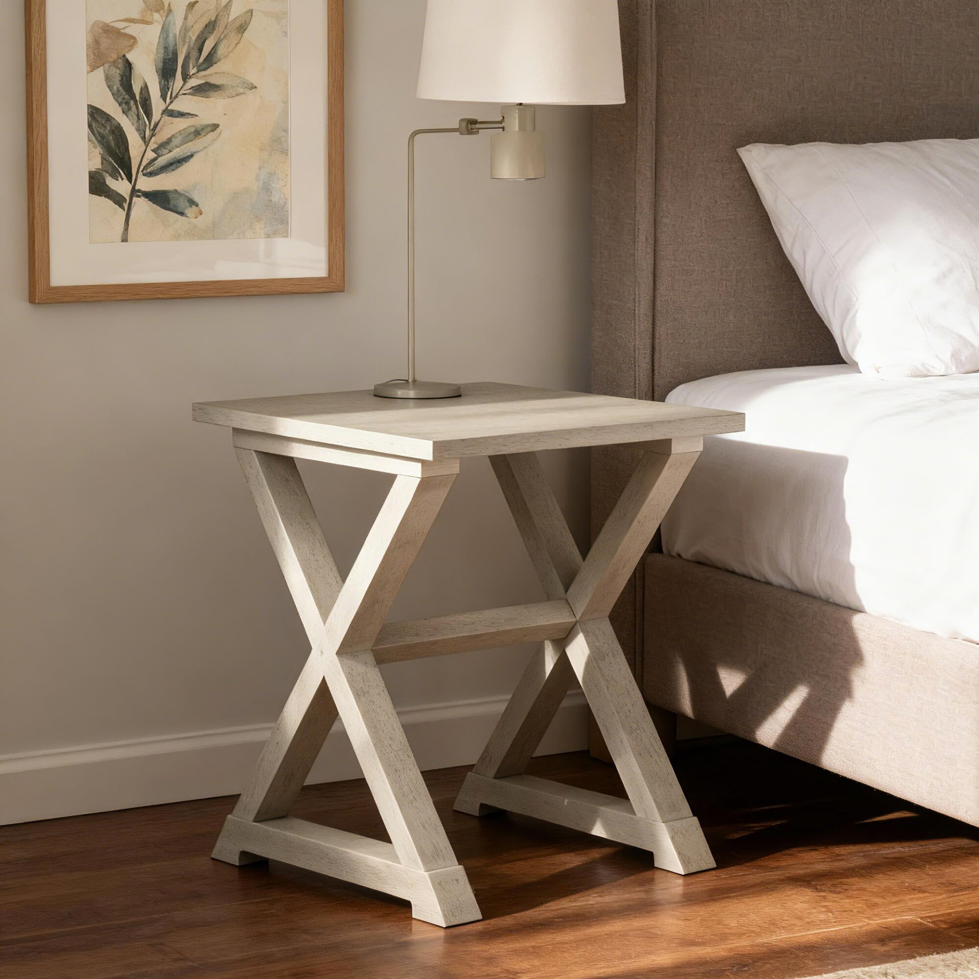 AENKYO Vintage End Table - Farmhouse Side Table with X-Shape Base & Large Top for Bedroom & Living Room, Antique Gray