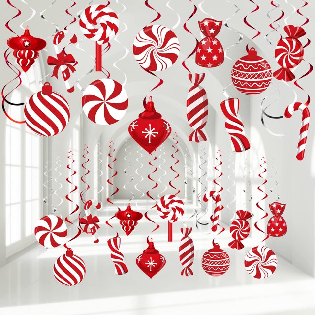 26 piezas de adornos navideños para el techo multicolor, decoraciones colgantes en espiral de papel de aluminio y tarjetas con motivos de caramelos y esferas rojo y blanco, vista frontal con remolinos preensamblados de varias longitudes, aptas para techos, ventanas o fondos de fotos festivos; también suelen usarse como fondo decorativo para sesiones de fotos navideñas.