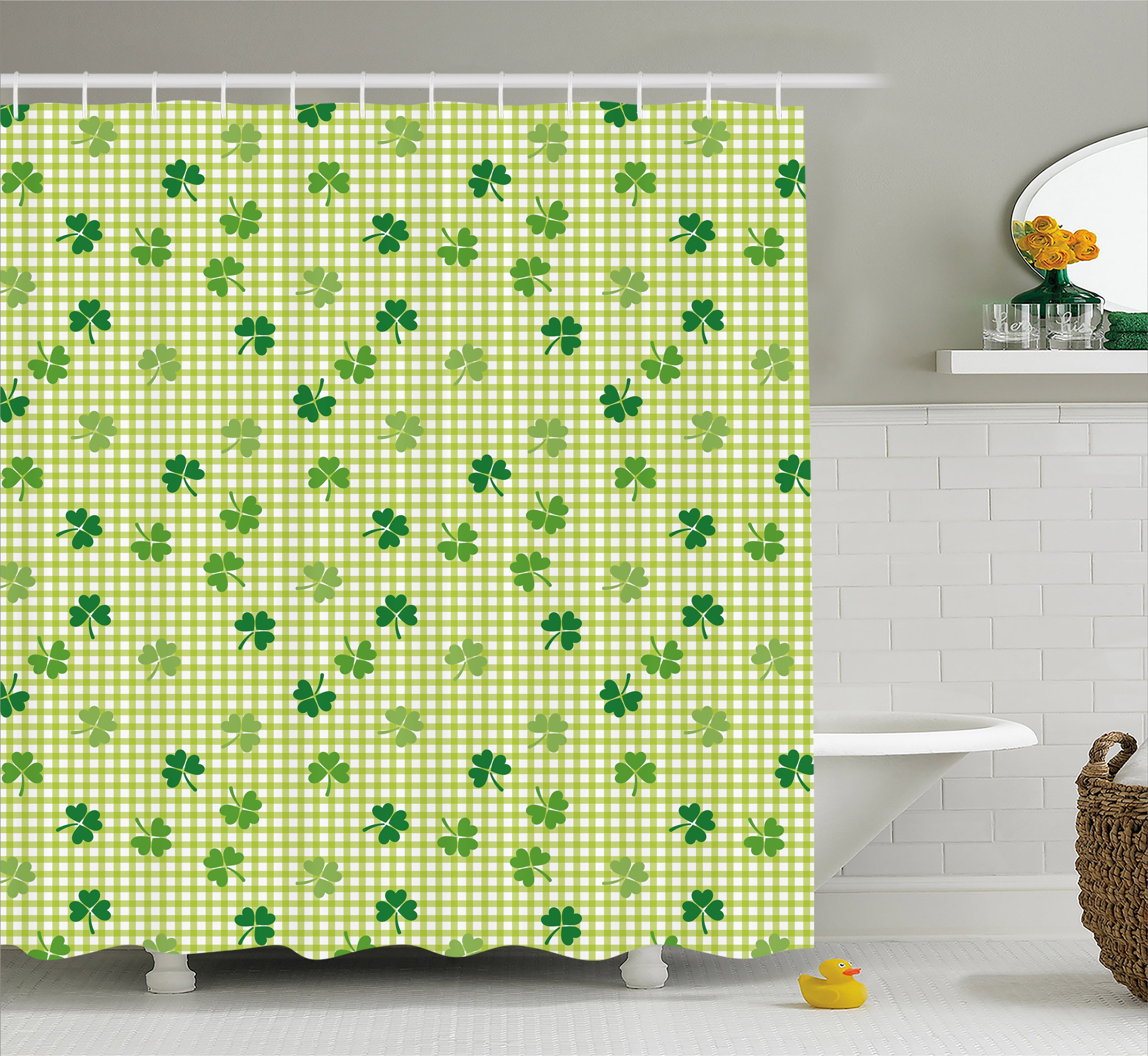 Irish Shower Curtain, Retro Classical Checkered Pattern with Cute Green