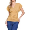 thumbnail image 1 of Blusa Faux Wrap Inspire Chic para mujer, blusa casual de verano con cuello en V y mangas con volantes, talla M, color caqui, 1 of 6