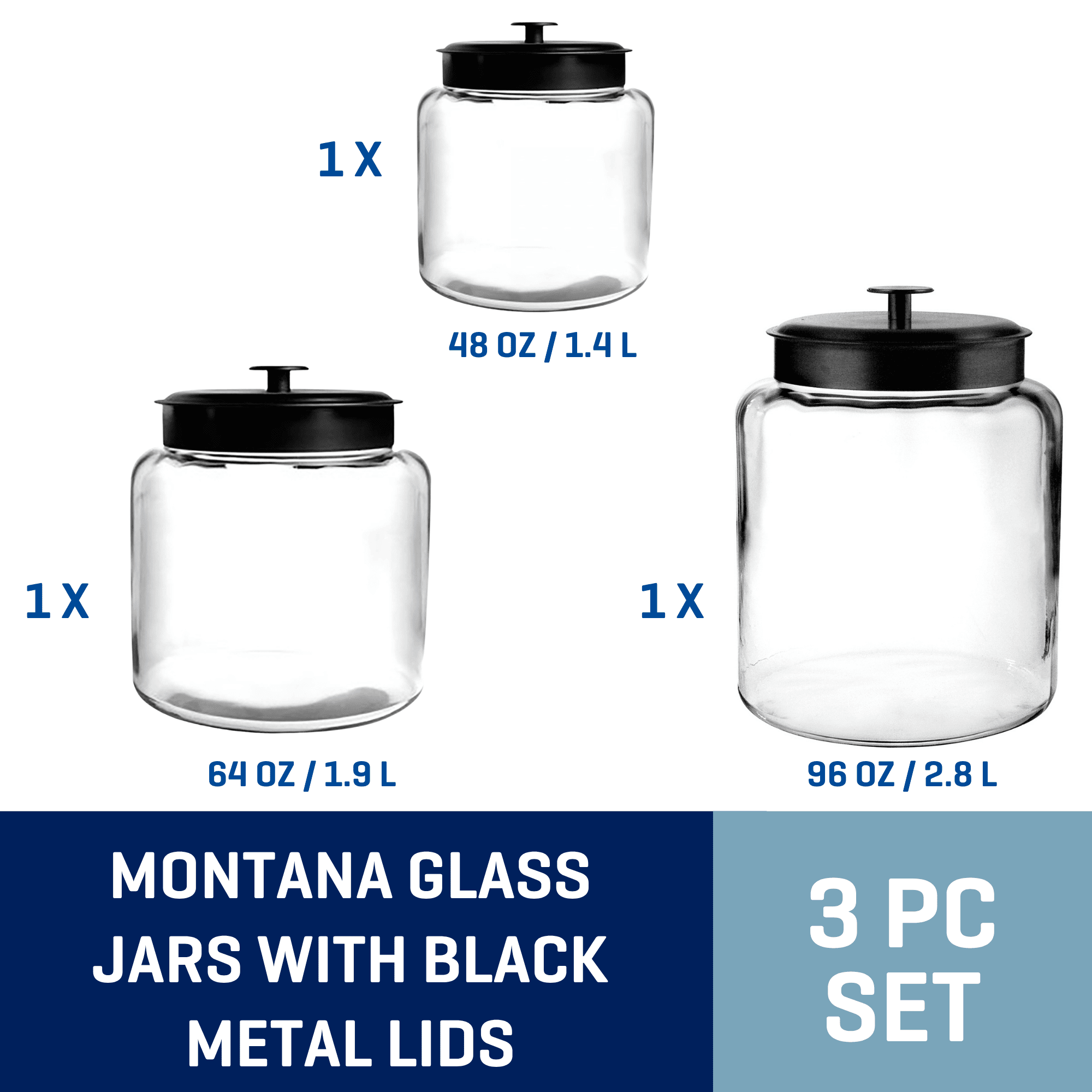 Anchor Hocking Glass Jars with Black Metal Lids, 3 Piece Set