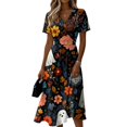 thumbnail image 2 of Halloween Dresses for Women Castle Pumpkin Short Sleeve Horror Sundress Spider Webeb Ghost V Neck Funny Midi Dresses, S, 2 of 5