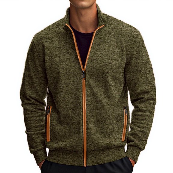 Zip Up Heathered Athletic Jacket for Men Long Sleeve Stand Collar Thin Coat Trendy Fall Casual Comfy Outerwear with Pocket Army Green M