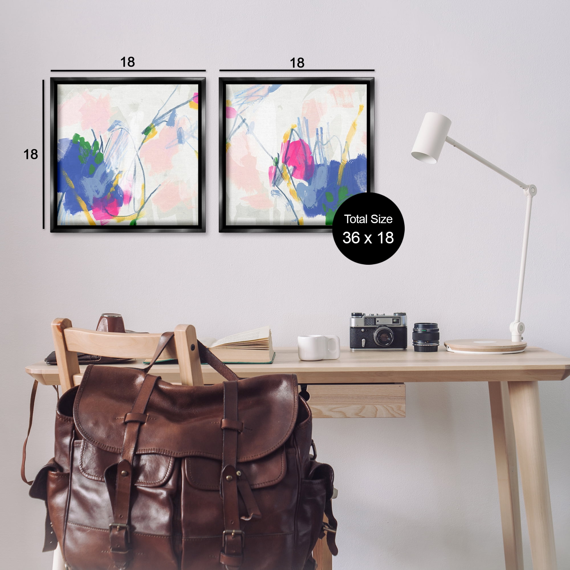 Stupell Industries Pink Blue Pop Abstract Abstract Painting Black Floater Framed Canvas Art Print Wall Art, 18 x 18, Set of 2