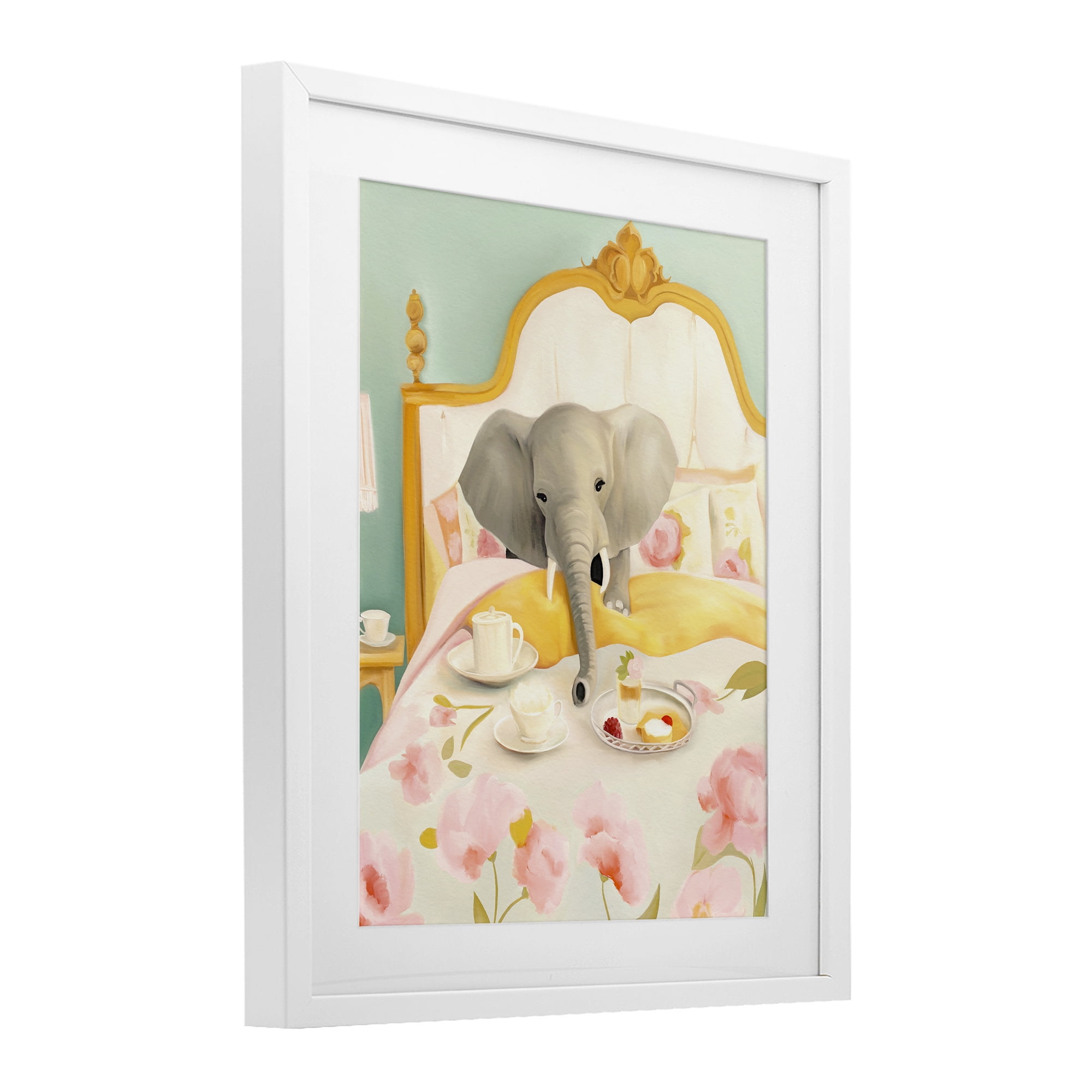 Breakfast in Bed Elephant White Framed Print Under Glass, design by Leah Straatsma