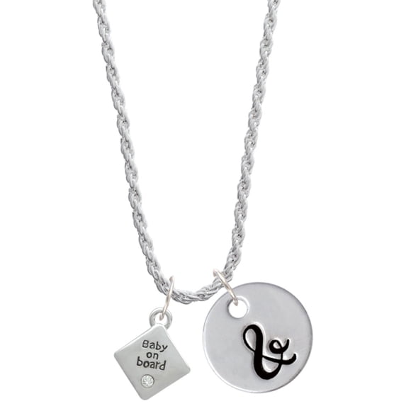 Delight Jewelry Silvertone 2-D ''Baby on Board'' Sign with Foot Print Silvertone Script Initial Disc - & - Charm Necklace, 20"+3"
