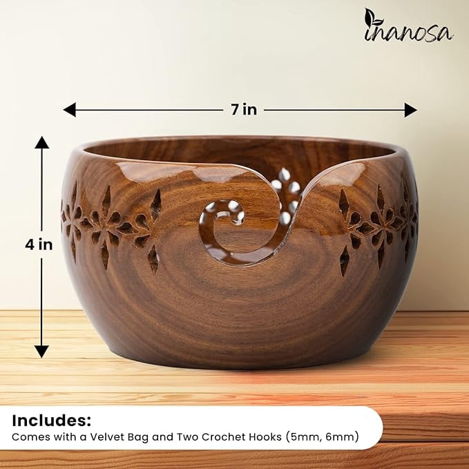 Inanosa 7x4 Inches Rosewood Yarn Bowl for Crocheting with 5,6 mm Crochet Hook, Preventing Slipping and Tangles | Best Gift from Craft Supplies for Crochet Lovers - Adults and Beginners | Brown, 1 Pc