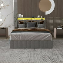 YDSM Full Size Bed Frame with LED, 4 Under-bed Portable Storage Drawers, Wings Headboard Design, Light Grey