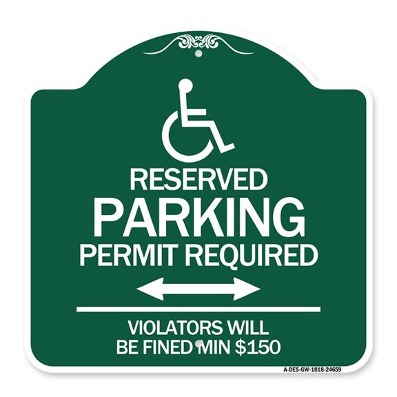 SignMission Designer Sign - (Modern Isa Symbol) Connecticut Reserved Parking Permit Required Violators Will Be Fined Min $150 (With Double Arrow) | Green & White 18" X 18" Aluminum