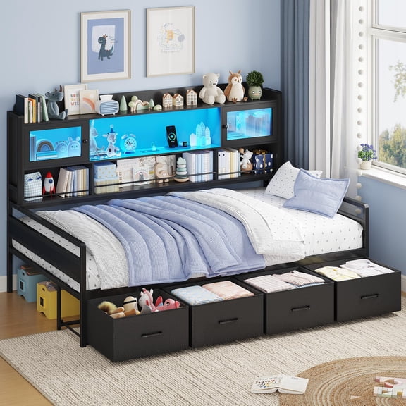 Afuhokles Twin Daybed with 4 Storage Drawers and 3-Tier Bookshelf, Day Bed with LED Lights and Charging Station, Corner Bed Frame with Storage Headboard, Black