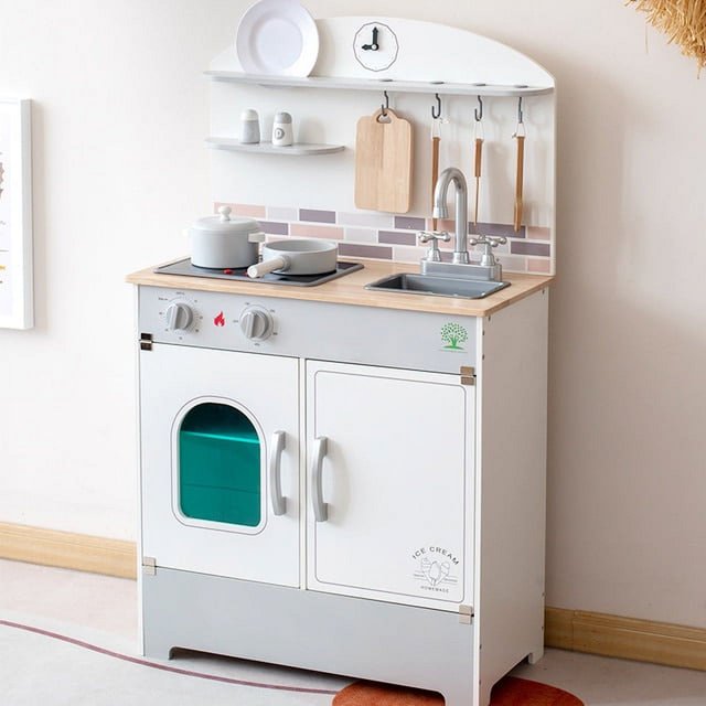 Children‘s Early Education Family Home Large White Refrigerator Stove Kitchen Simulation Cooking Tableware Scene Toy