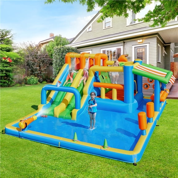Yaheetech Water Inflatable Bounce House with Slides, Blower, Blue/Orange