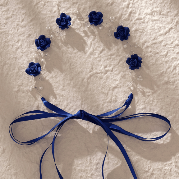 MIALLO Royal Blue Flower Hair Vine, Silver Wire Crystal Pearl Bridal Headpiece, Statement Wedding Prom Hair Accessory with Ribbon