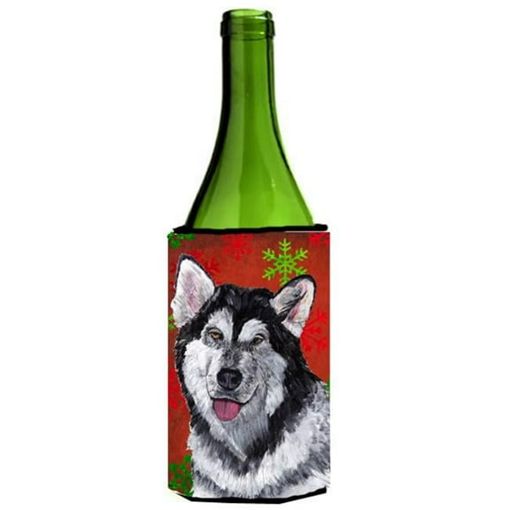 Alaskan Malamute Red Snowflakes Holiday Christmas Wine bottle sleeve Hugger - 24 Oz.