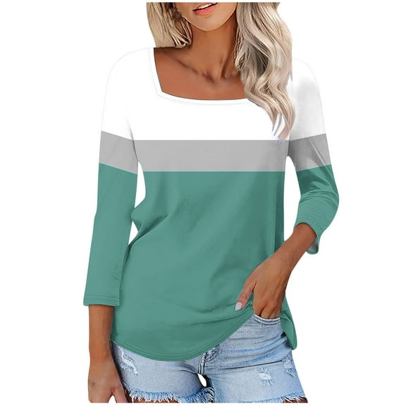 Women's Tops 3/4 Length Sleeve Square Neck Color Block Casual Dressy Tunic Tops Summer Basic Shirts