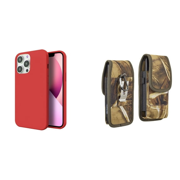 Slim Silicone Case and Belt Holster Pouch for iPhone 14 Pro Max (Red/Camo)