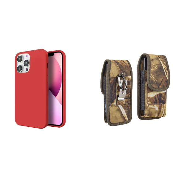 Slim Silicone Case and Belt Holster Pouch for iPhone 14 Pro (Red/Camo)
