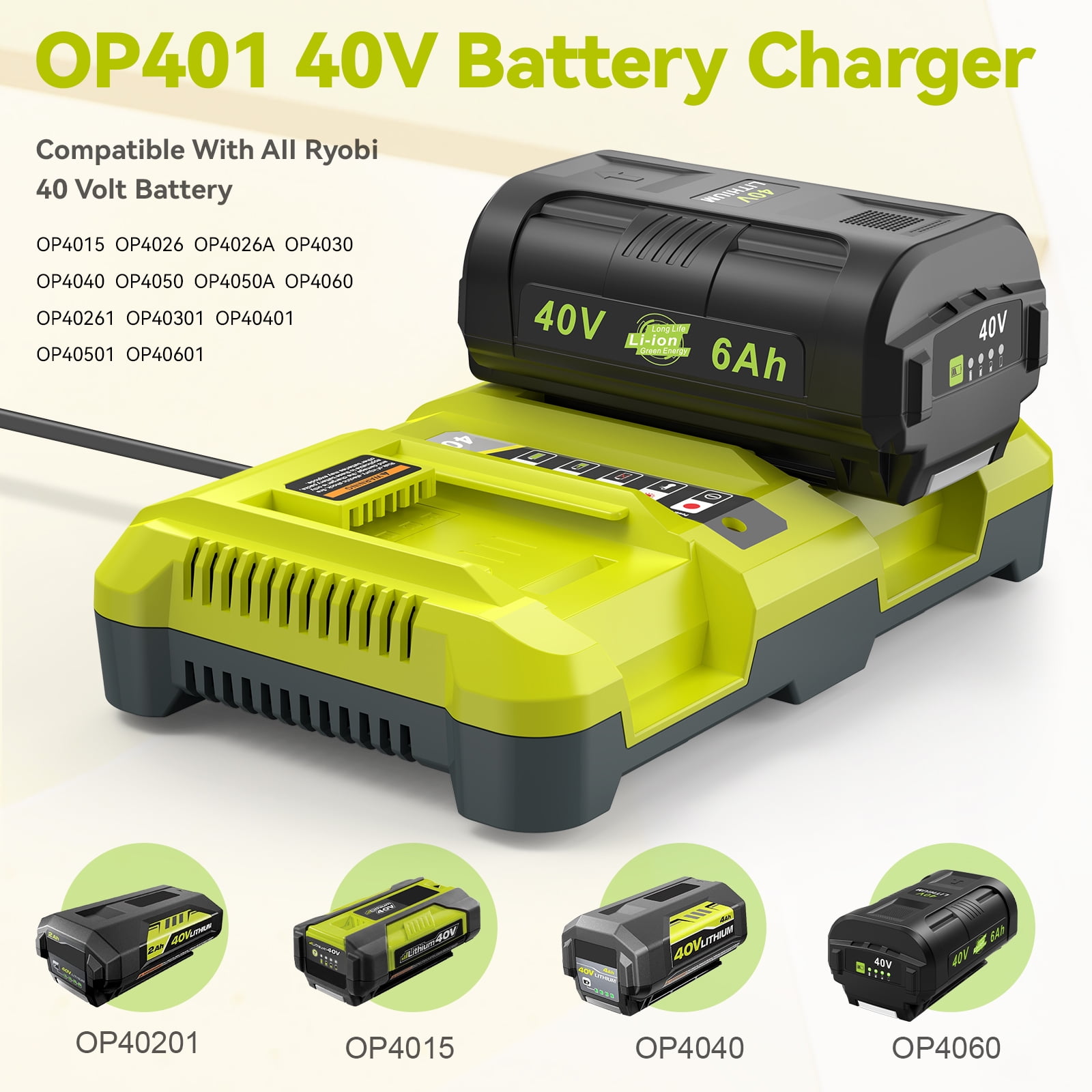 40V Battery Charger for Ryobi Battery, OP401 40 Volt Lithium ion Battery Dual Charger for OP4015 OP4026 OP4030 OP4040 OP4050 OP4060 OP40261 OP40301 OP40401 OP40501 OP40601 Battery