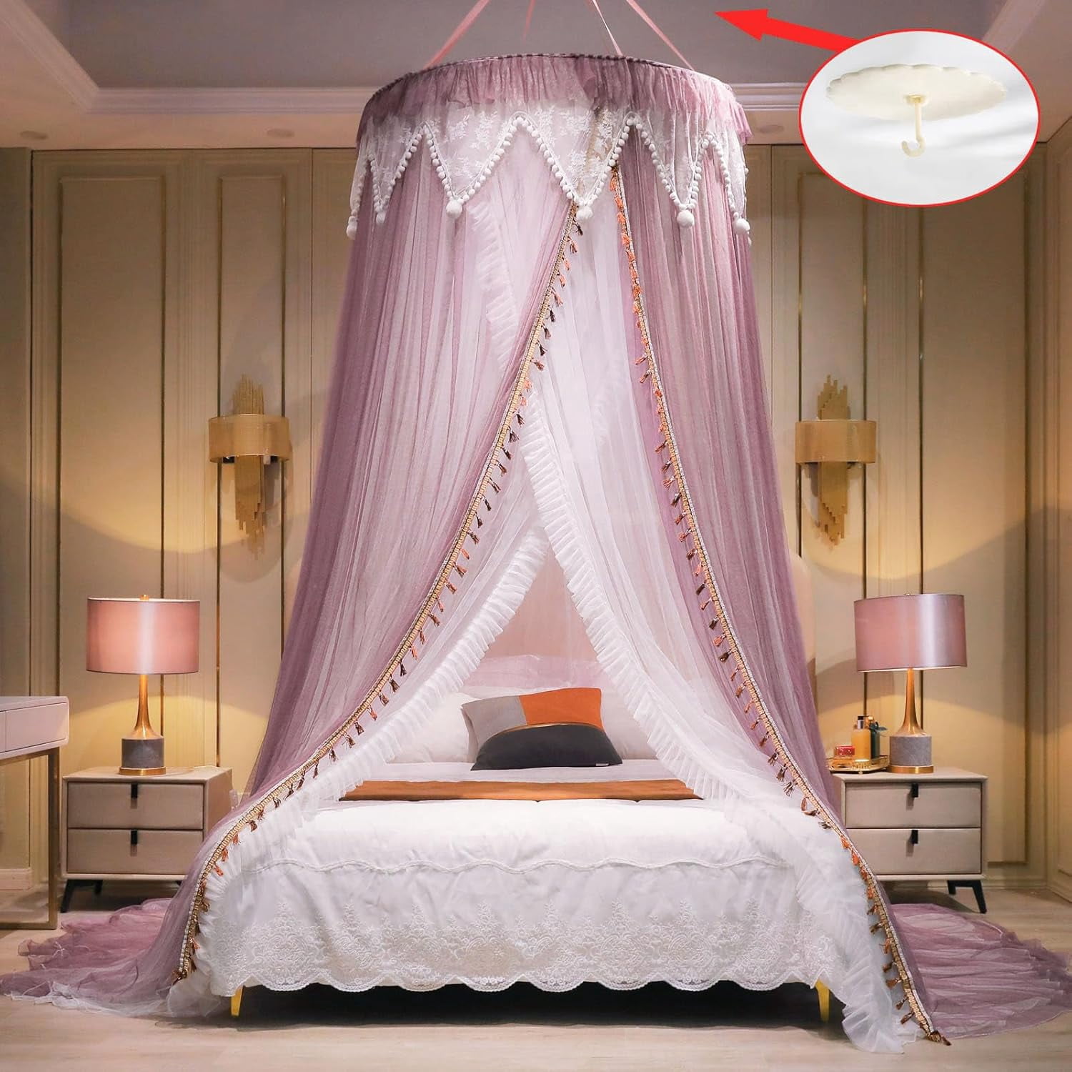 Girls and Adults Canopy Bed, Elegant Double-Layer Bed Curtain, Children's Dream Round Lace Mosquito Net, Princess Canopy Net - Fits Twin, Full, Queen, and King Beds (White/Red Bean)