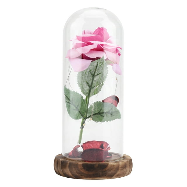 Preserved Rose Flower LED Light with Glass Cover & Wooden Base Valentines'Day Wedding Gift Pink