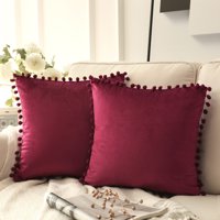Phantoscope Pom Pom Velvet Series Decorative Throw Pillow, 18" x 18", Dark Red, 2 Pack