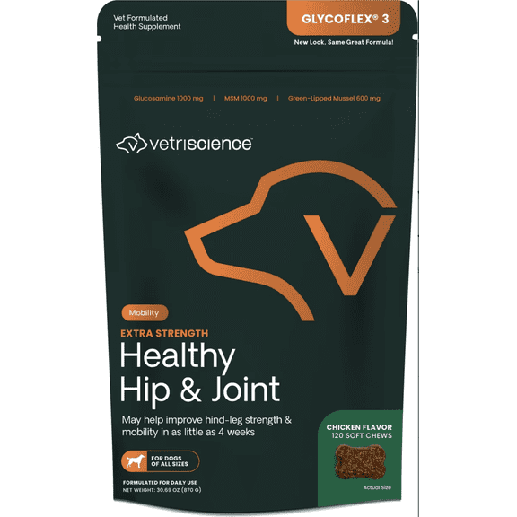 VetriScience GlycoFlex 3 Extra Strength Healthy Hip & Joint Chicken-Flavored Chews for Dogs, 120 count
