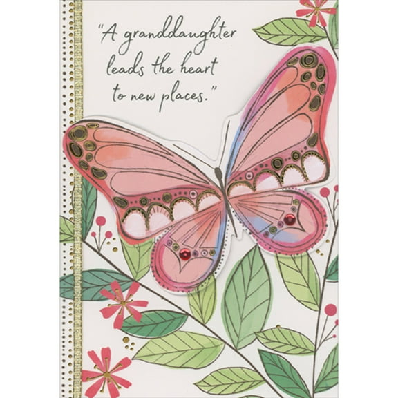 Designer Greetings Large Pink 3D Tip On Butterfly, Red Sequins, Gold Ribbon: Leads the Heart Hand Decorated Valentine's Day Card for Granddaughter