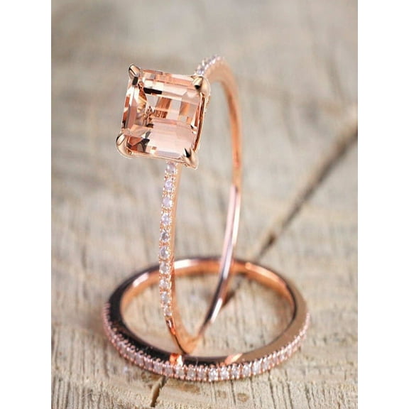 Sale 1.50 carat Morganite and Diamond Halo Bridal Wedding Ring Set in Rose Gold: Bestselling Design