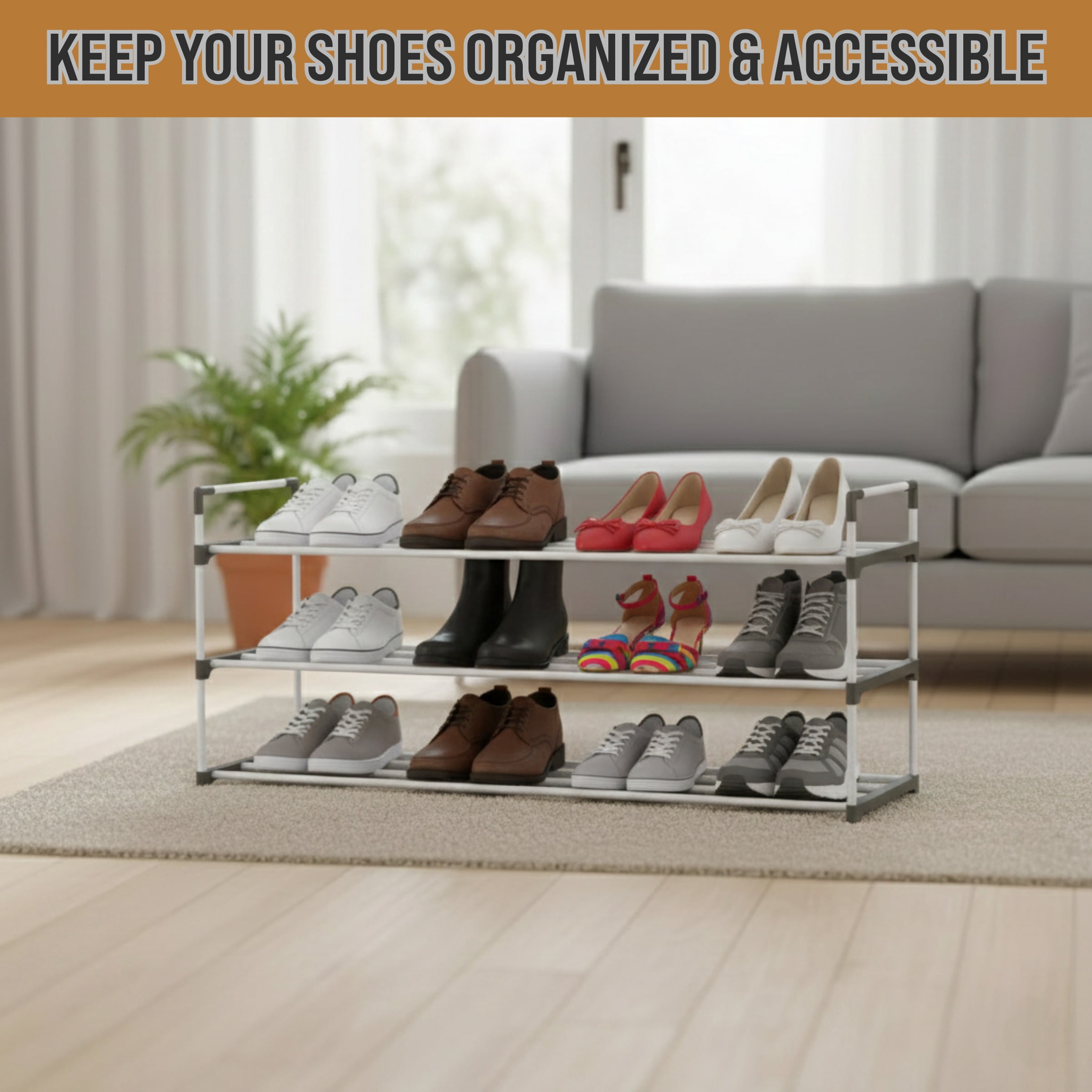 Home-Complete 3-Tier Shoe Rack Organizer, Shelf Holds 15 Pairs Sneakers, Heels, Boots (White)