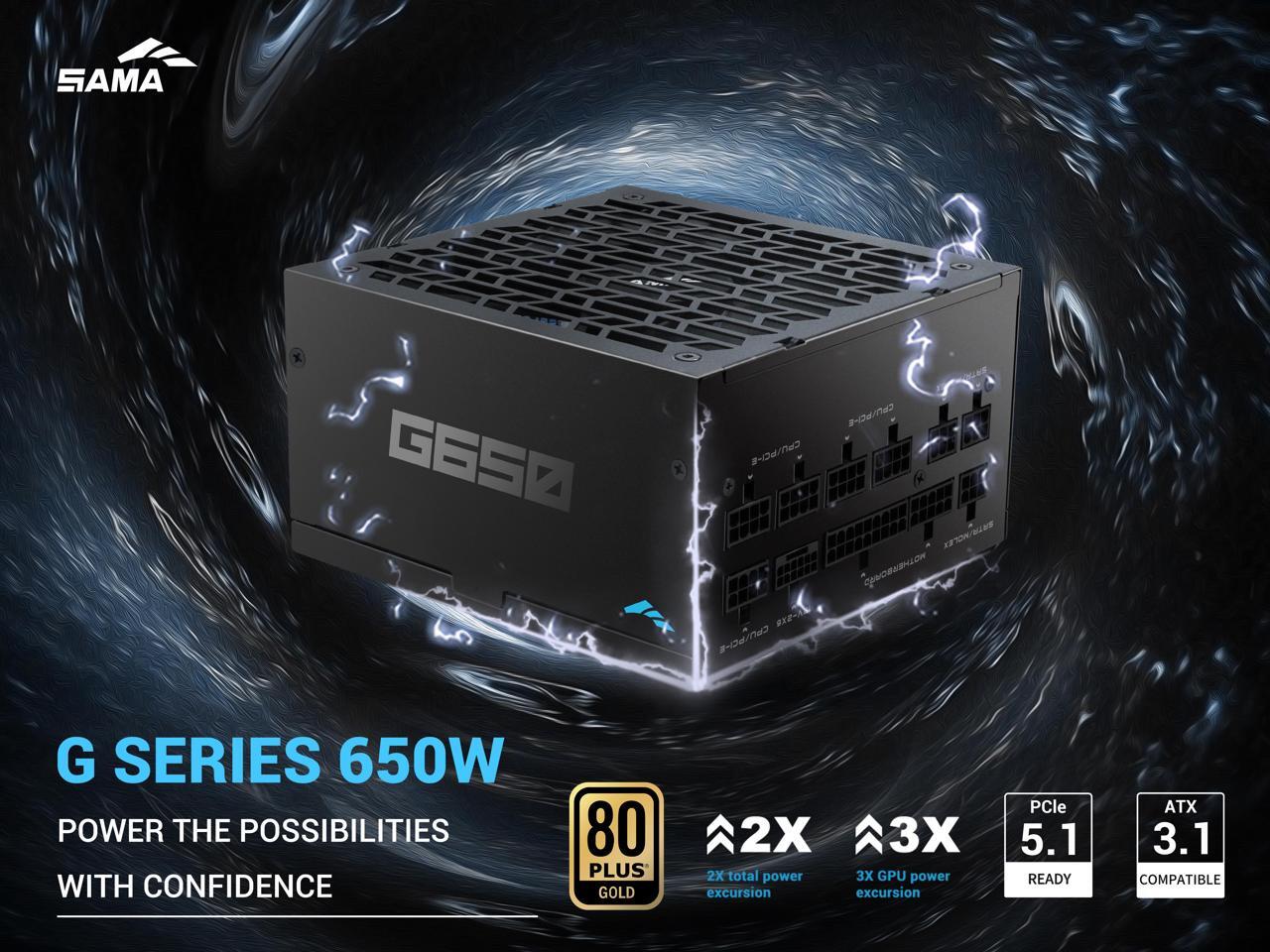 SAMA G650W ATX 3.1 Power Supply, 650W, Cybenetics Gold Standards, PCIe 5.1 Ready, Full Modular, Japanese Capacitors, FDB Fan, Black Version