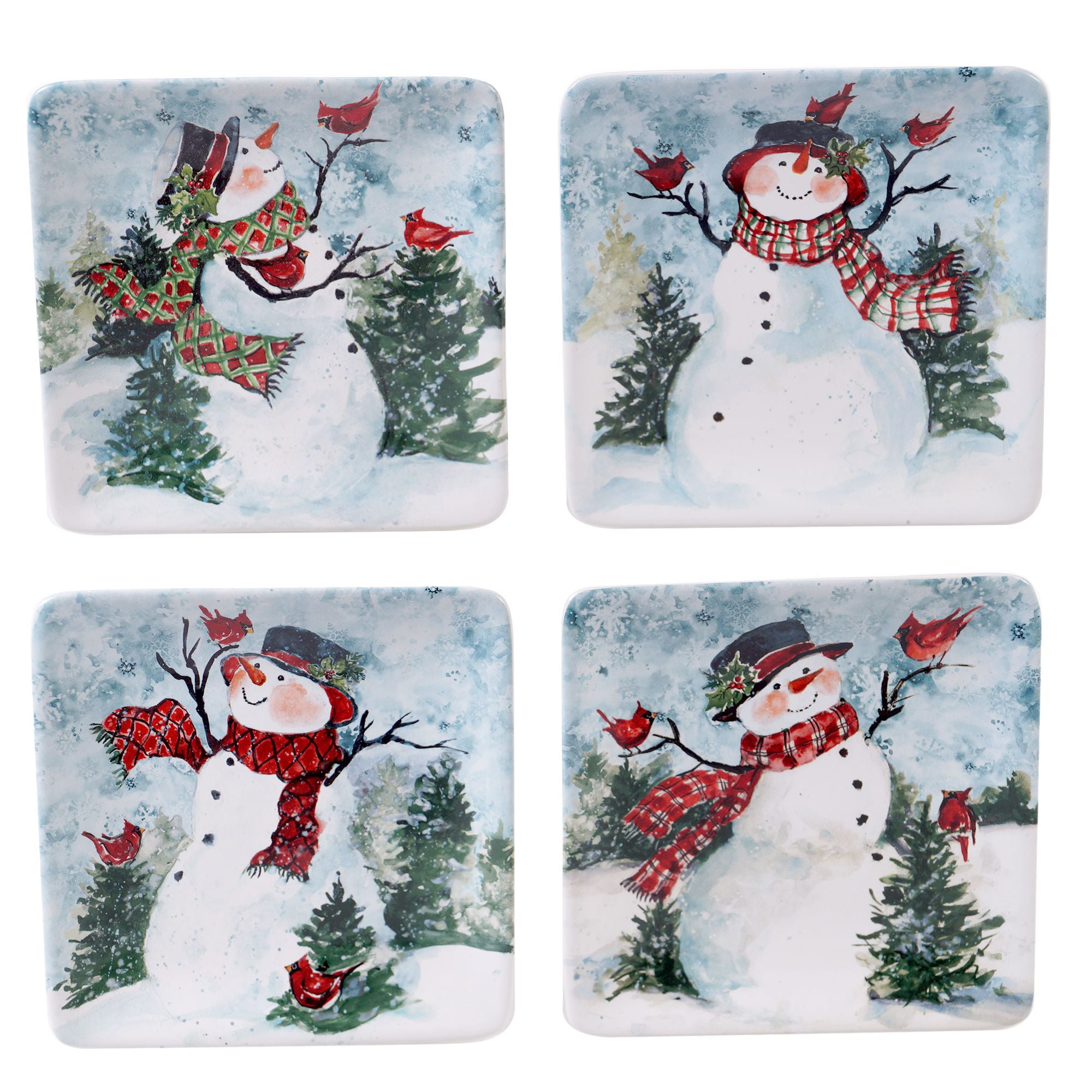 Set of 4 Dinner Plates by Tabletops Unlimited Snow Family Christmas Snowman Blue 