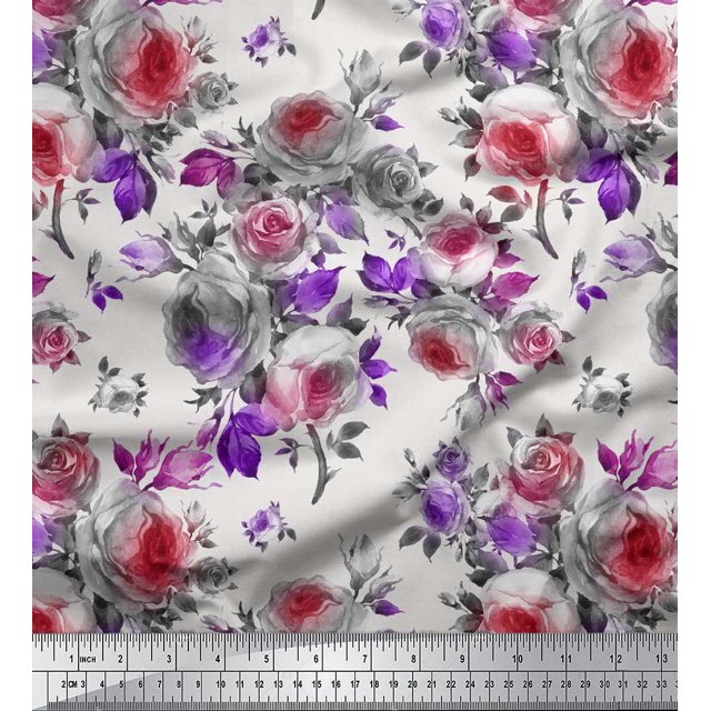 Soimoi Polyester Crepe Fabric Leaves & Rose Flower Print Fabric by Yard 42 Inch Wide