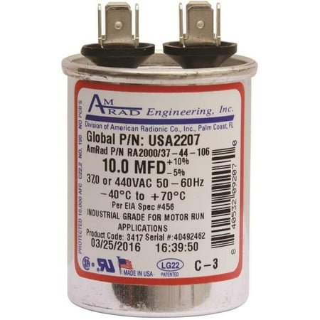 

USA2207 Series Round USA-Made Motor Run Capacitor 10 Mfd 370/440 Vac-132323