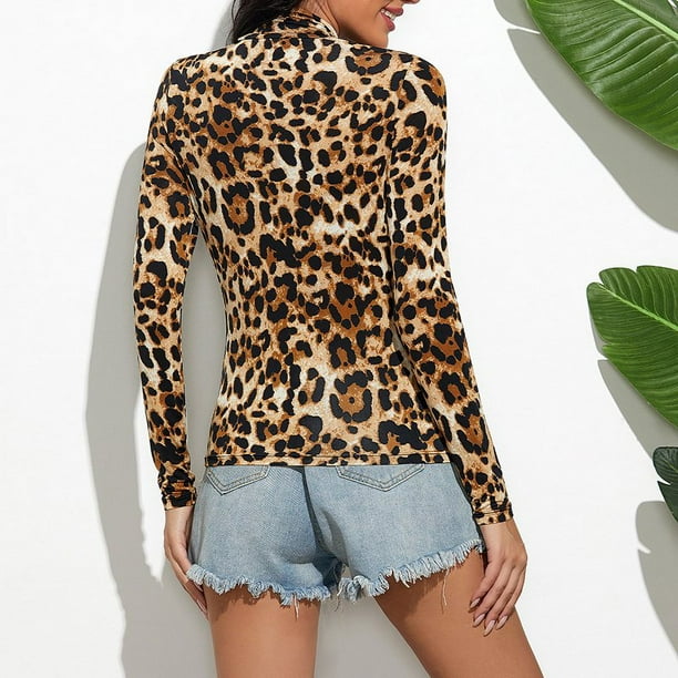 Women Long Sleeve Shirt Cozy High Neck Leopard Print Top Tiger Pattern Blouse