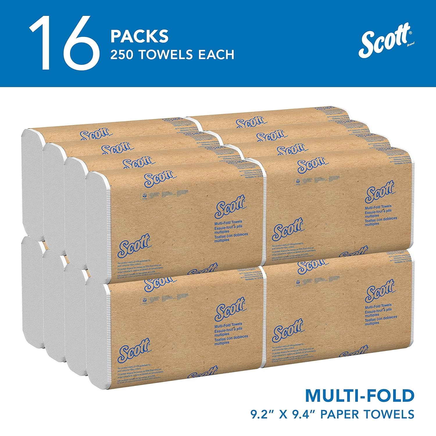 Kimberly-Clark Scott Multifold Paper Towels, Bulk, 9.2" x 9.4" sheets, White, 250 Sheets/Pack, 16 Packs/Case
