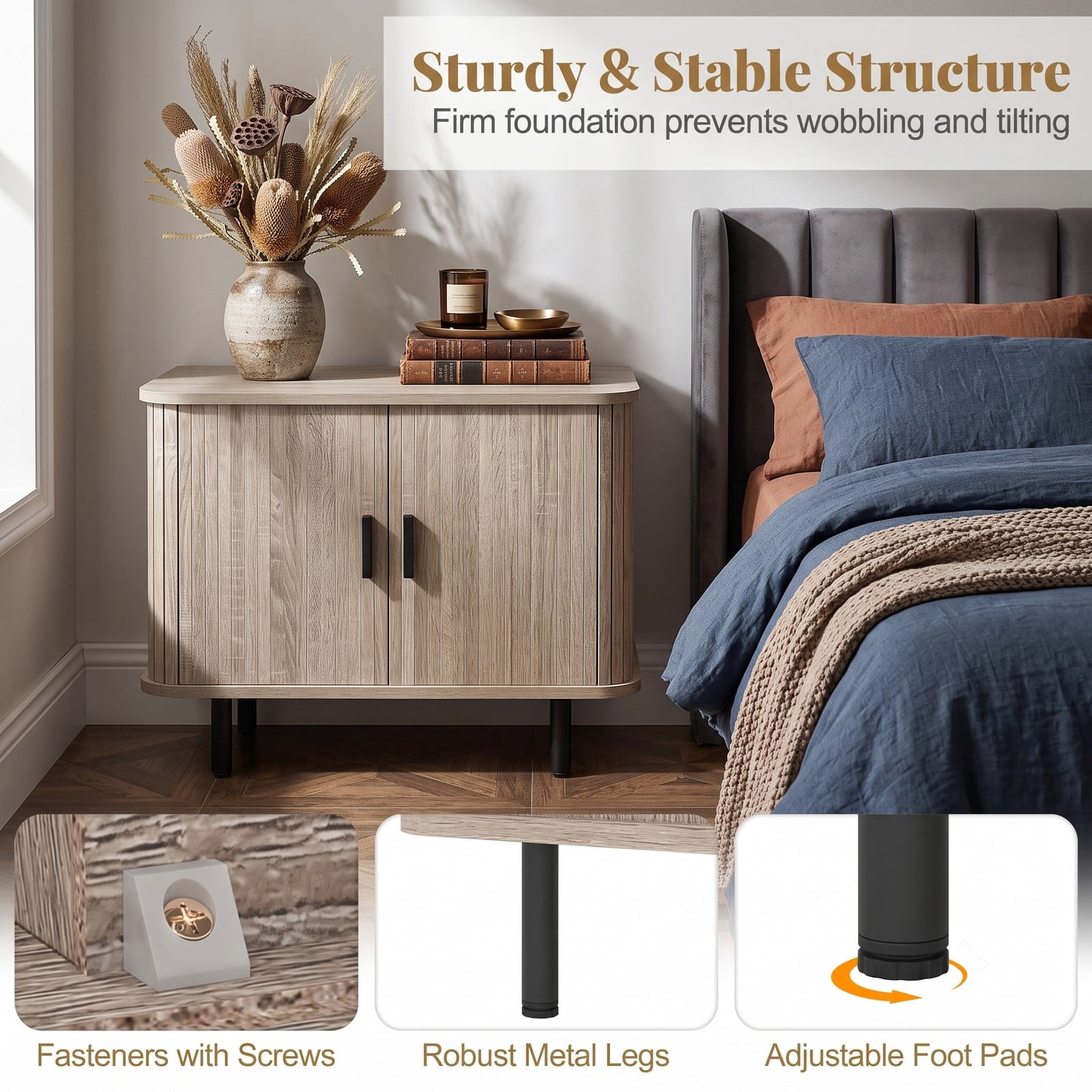 Furnibear End Table Modern Mid Century Nightstand with Sliding Tambour Doors and Storage Shelf for Bedroom Living Room, Natural