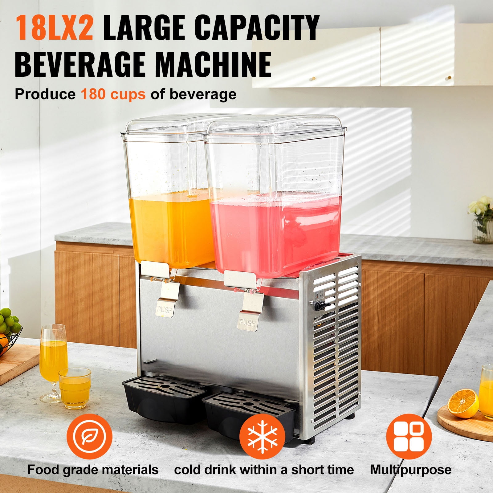 BENTISM Commercial Beverage Dispenser Cold Juice Ice Drink Dispenser 18L*2 Tanks Stainless Steel Commercial Slushy Machine 2 Tanks
